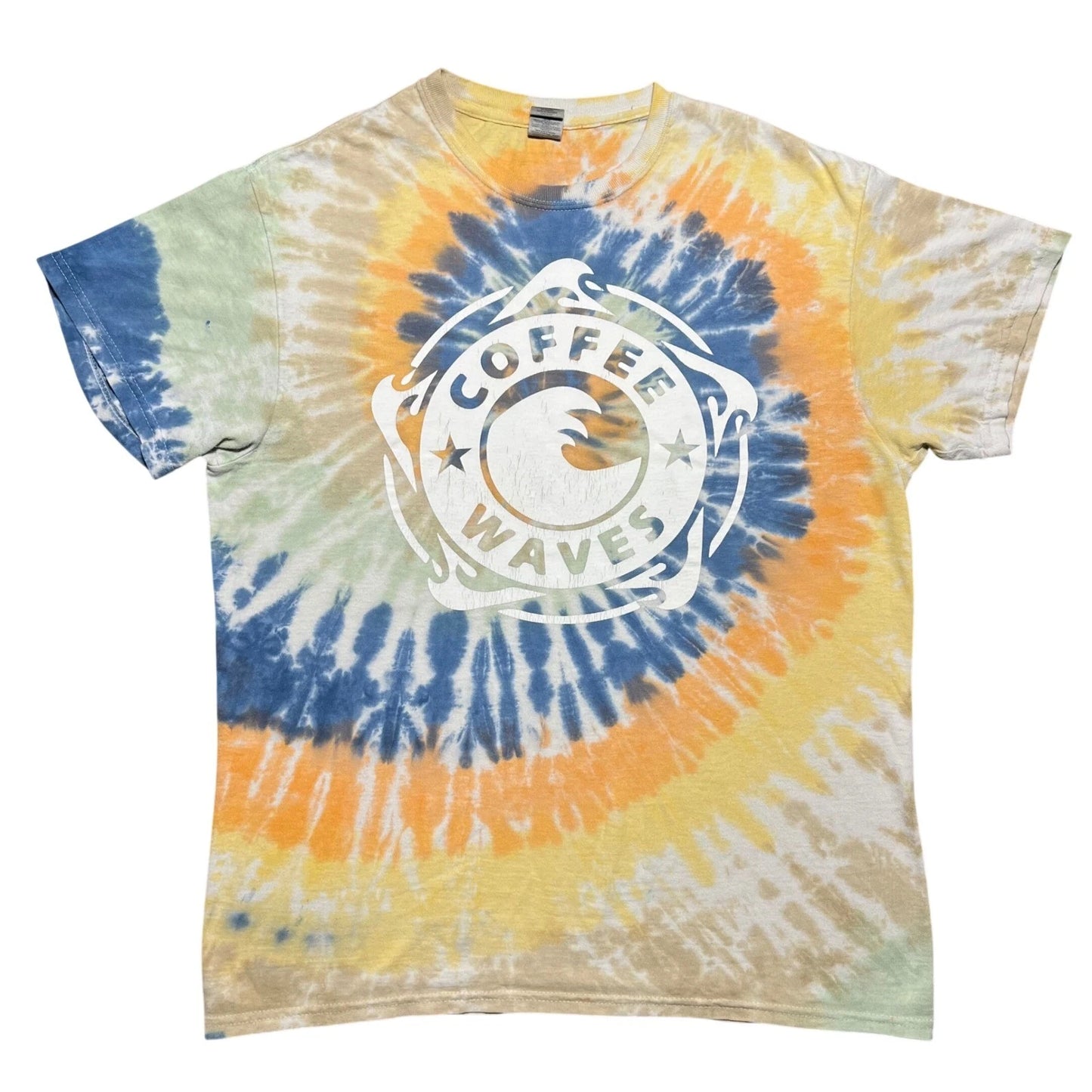 Coffee Waves Tie Dye Graphic T Shirt Mens Medium Blue Yellow Orange Hippie