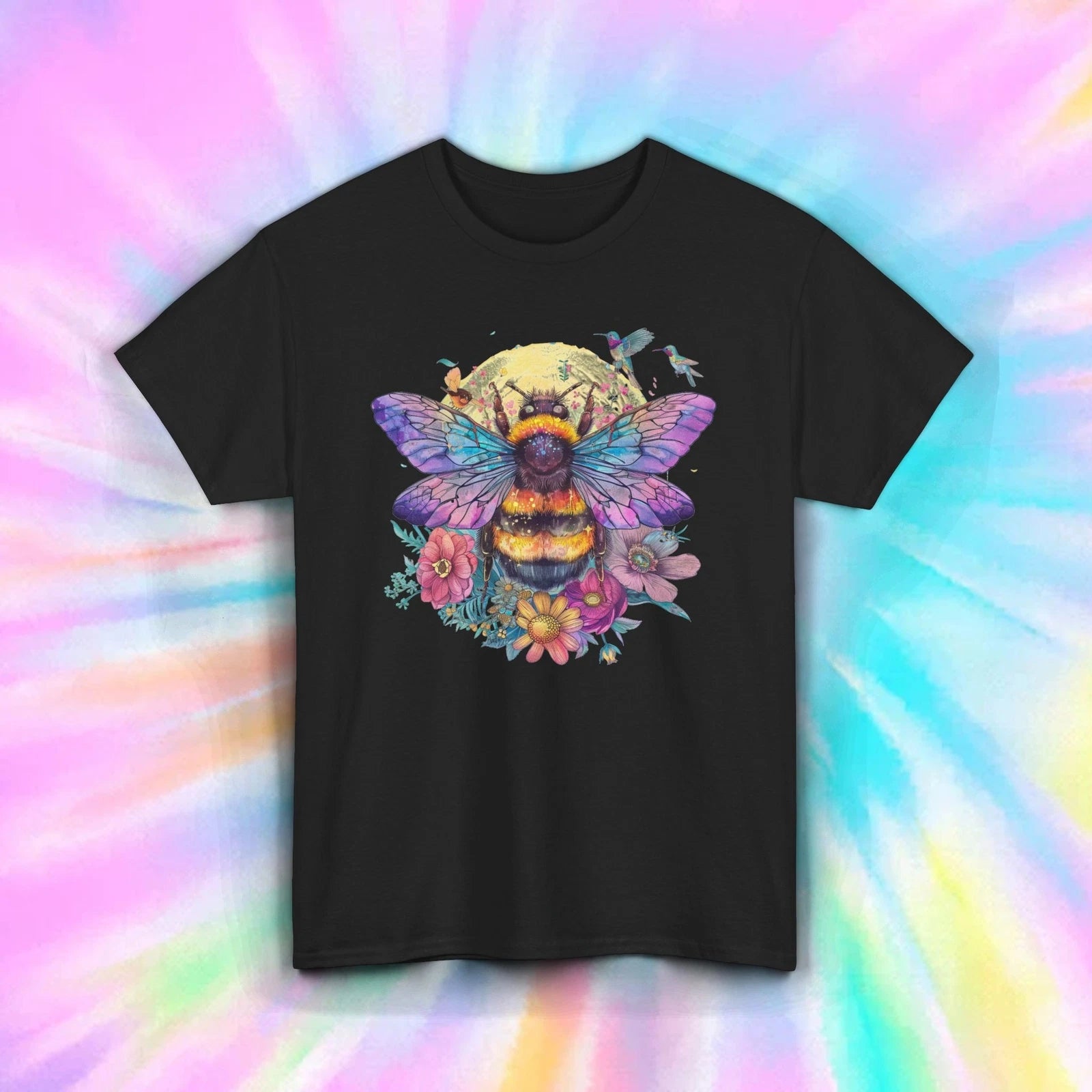 Colorful Bee Moon Flowers Magic Garden Boho Nature Shirt S-5XL