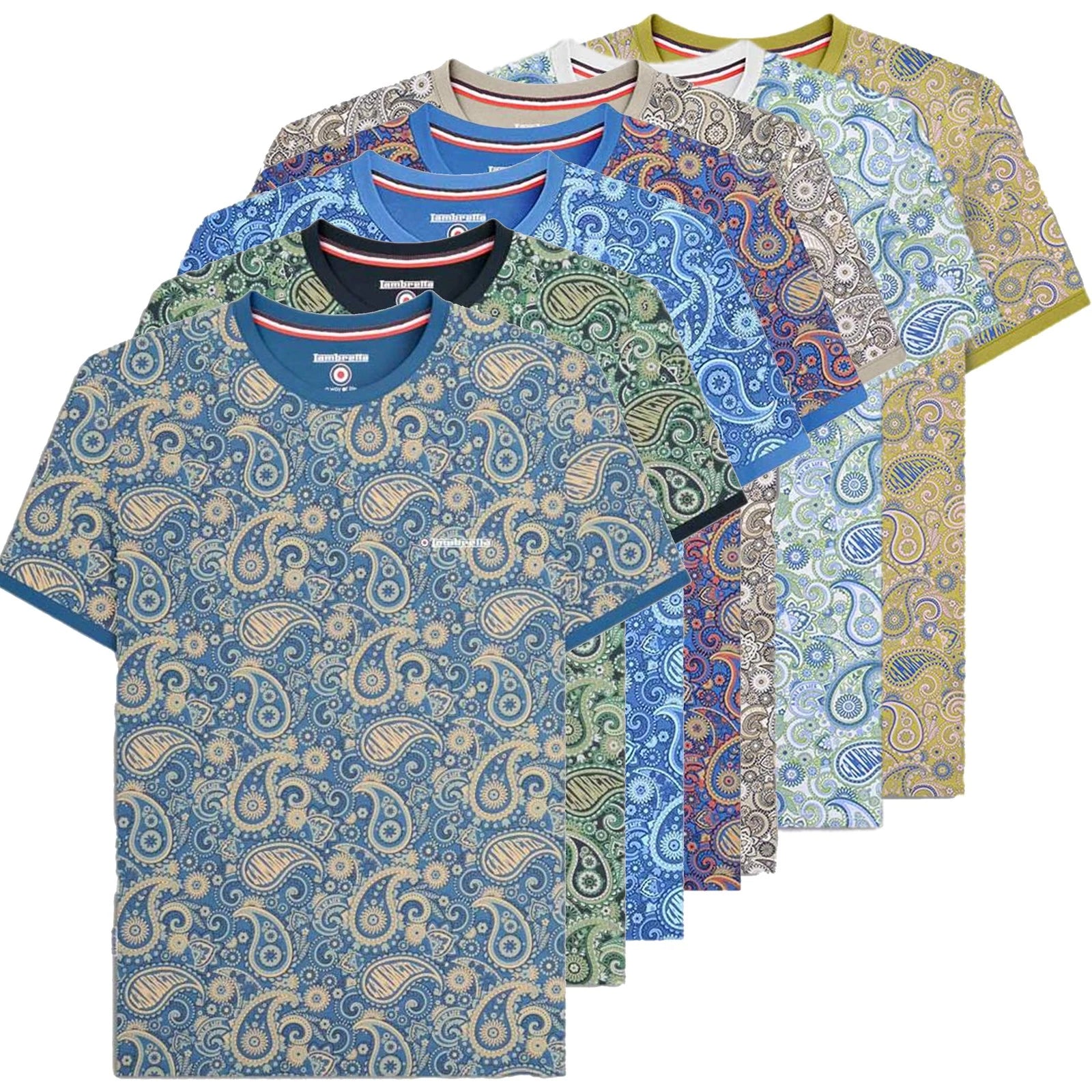 Mens Lambretta All Over Paisley Branded Retro Casual T-Shirt Sizes M to 4XL