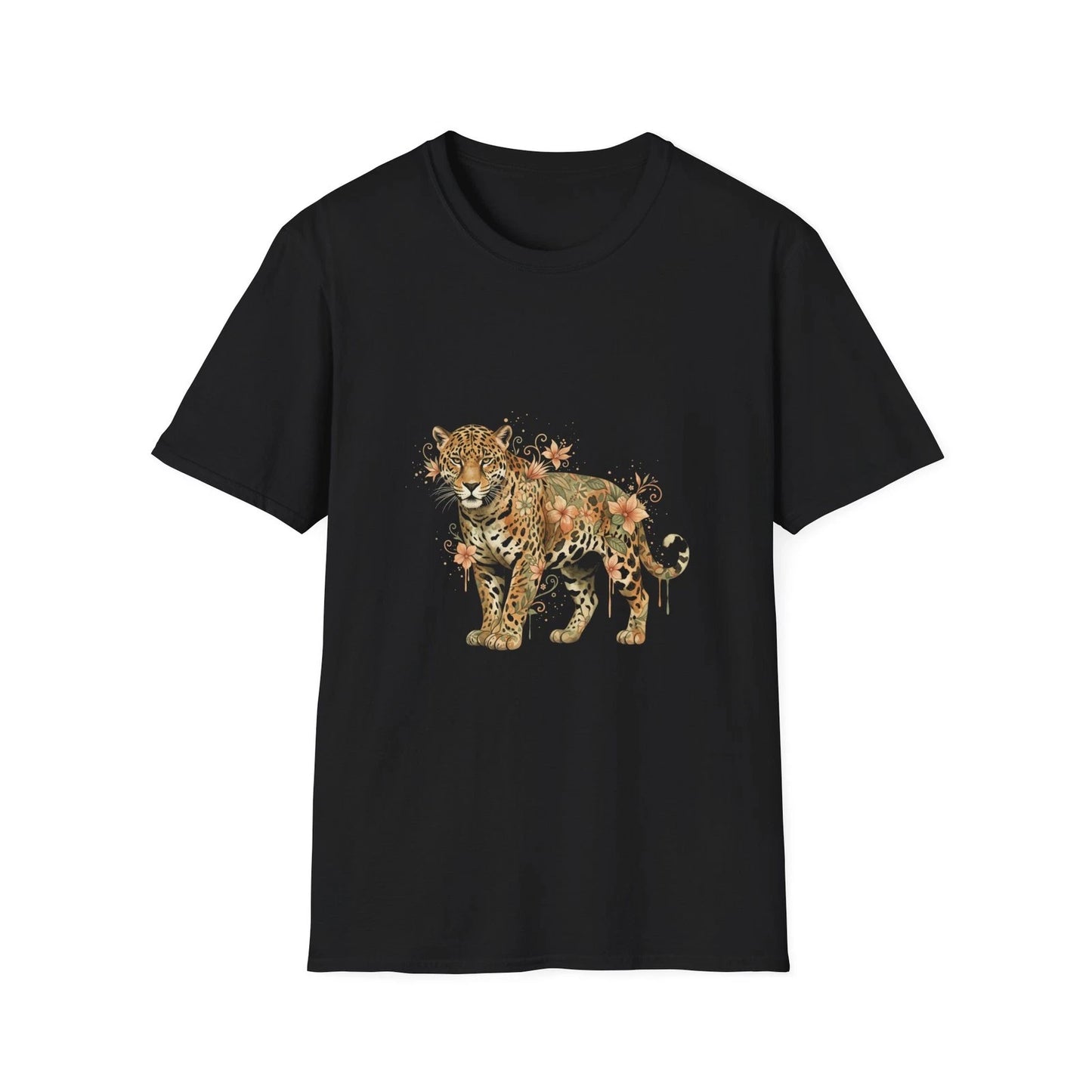 Jaguar Floral Watercolor Nature Black Tee Aesthetic Graphic T-Shirt