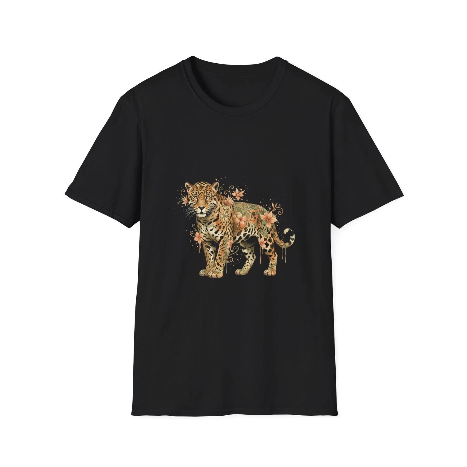 Jaguar Floral Watercolor Nature Black Tee Aesthetic Graphic T-Shirt