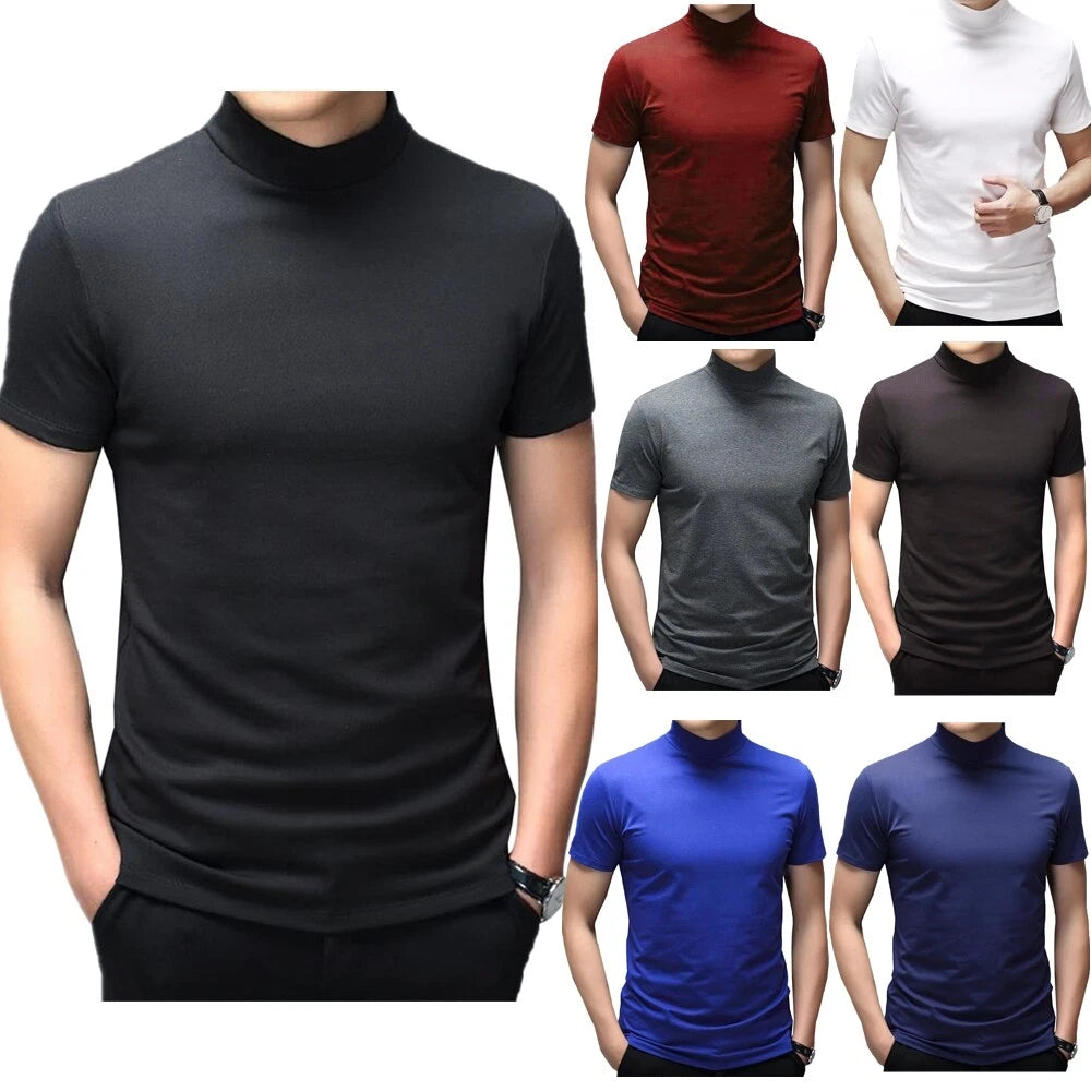 Mens Mock Turtleneck T-shirt Pullover Short Sleeve Solid Slim Fit Top Undershi