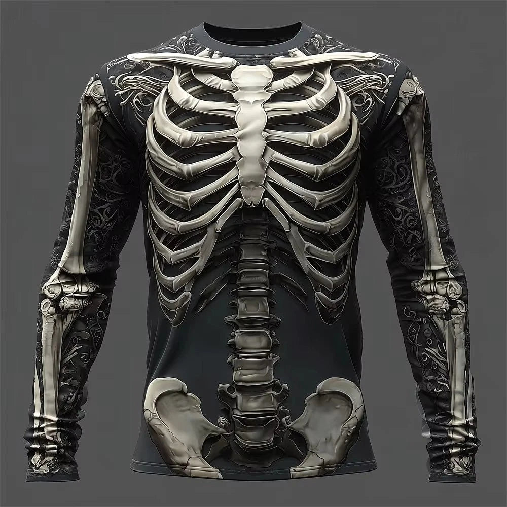 Men’s Skeleton Print Gothic Long Sleeve T-Shirt Casual Top Slim Fit -UK