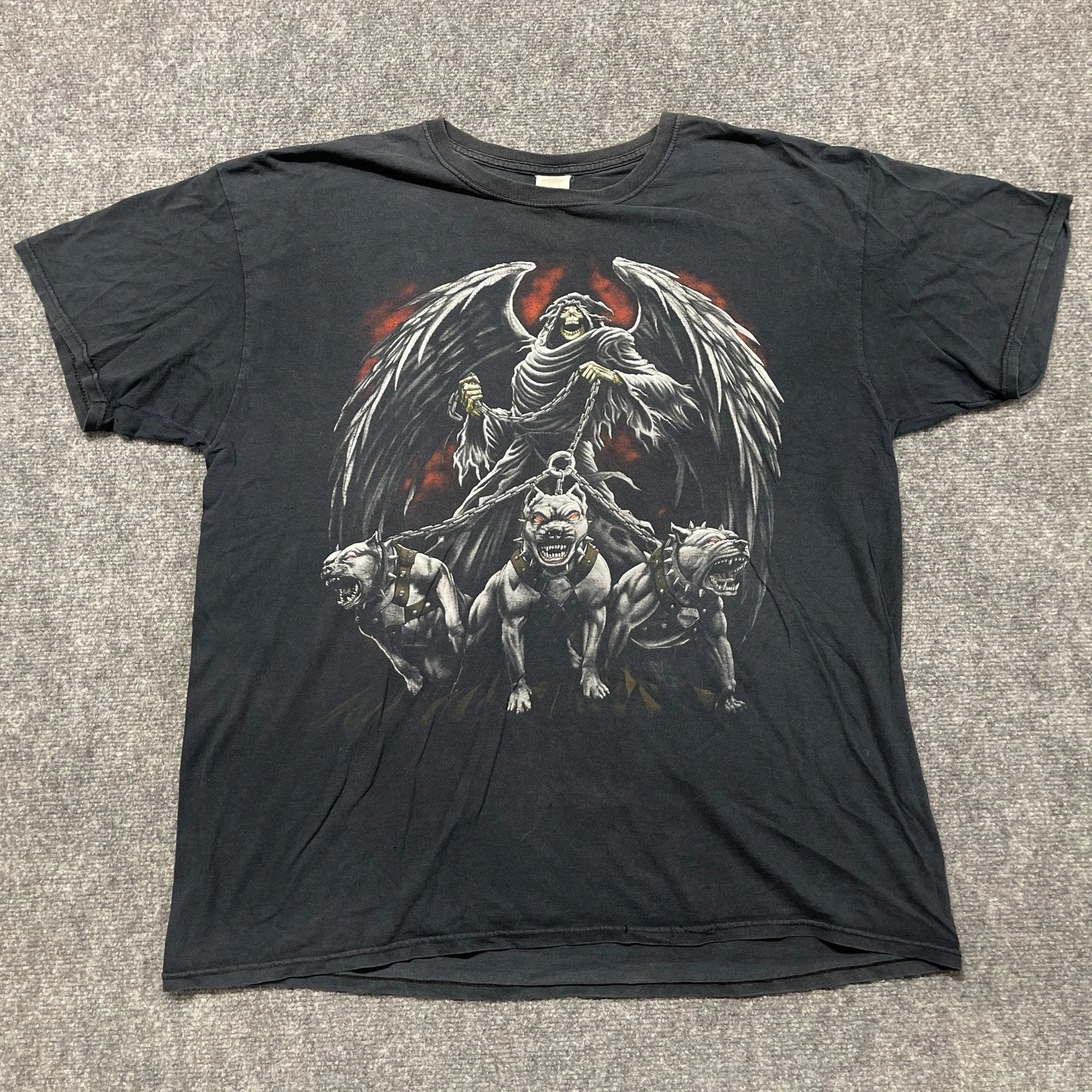 Fruit Of The Loom T Shirt Mens Large Black Cotton Grim Reaper Dogs Skull Tee