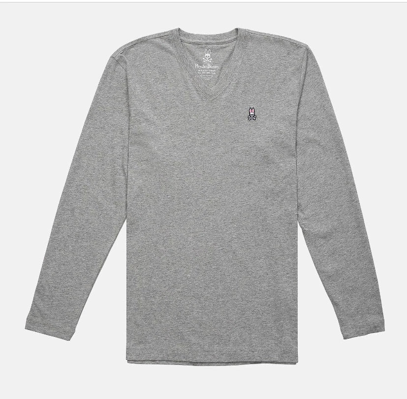 Psycho Bunny Men's Gray Solid Embroidered Bunny Logo V-Neck Long Sleeve T-Shirt