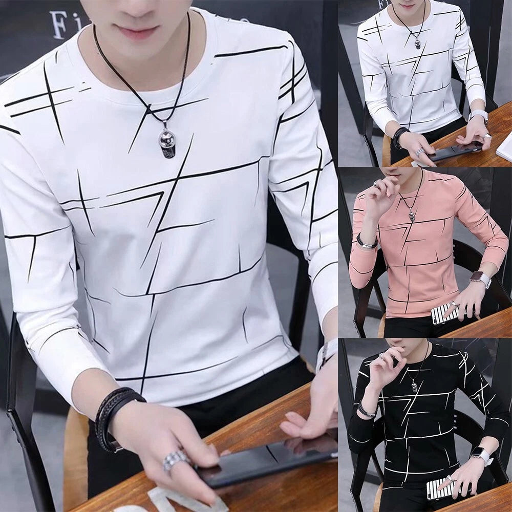 Stylish Slim Fit Long Sleeve T Shirt Men's Print Blouse Pullover with Crew Neck