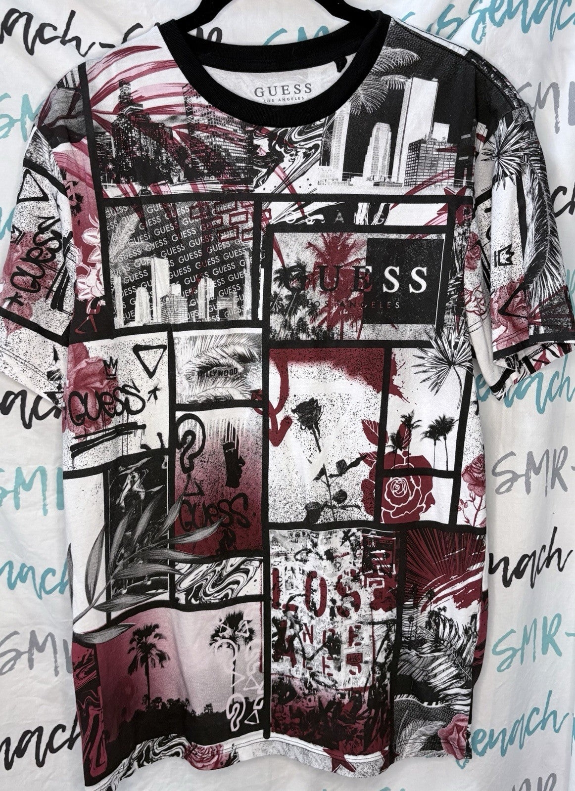 Mens GUESS Black/White/Red Mixed Media Print Tee T Shirt Size M Medium NWOT