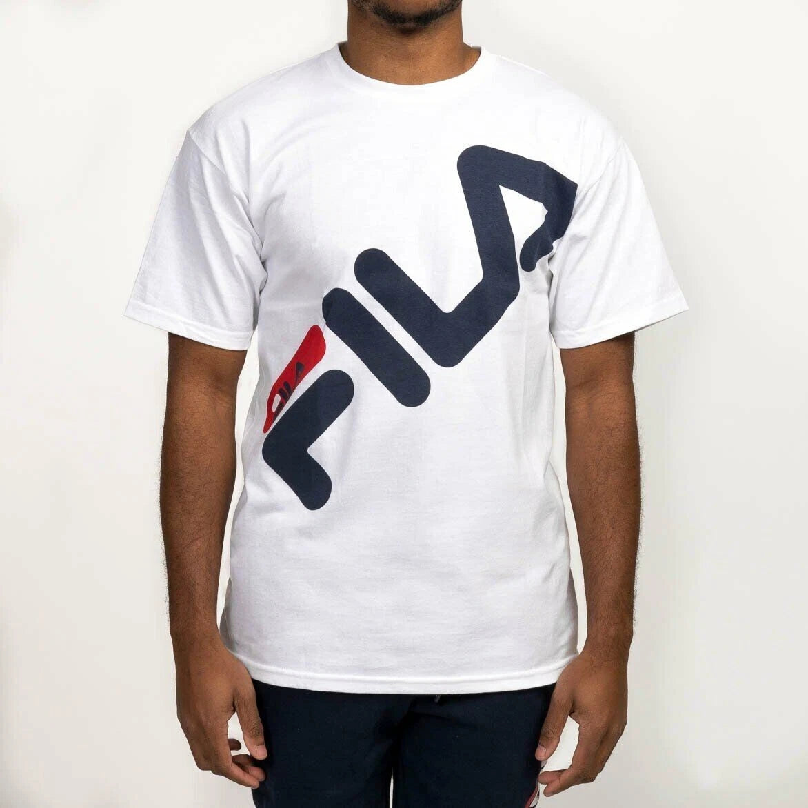 FILA T-Shirt with Slanted Logo White Black And Red - UNISEX -Sizes Large -NEW