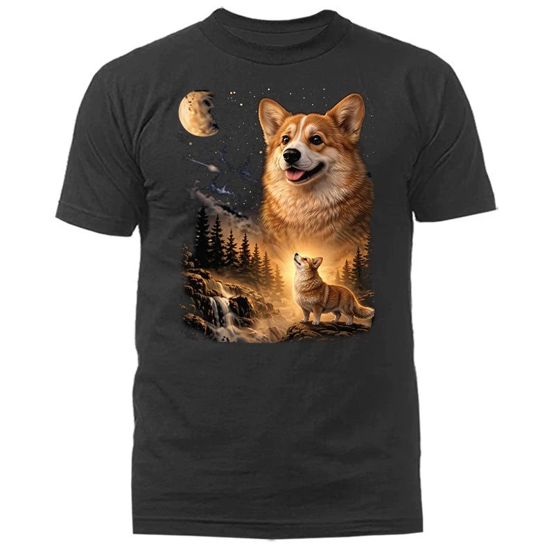Corgi Howling at The Moon Night Forest Cute Dog Moon Waterfall T-shirt