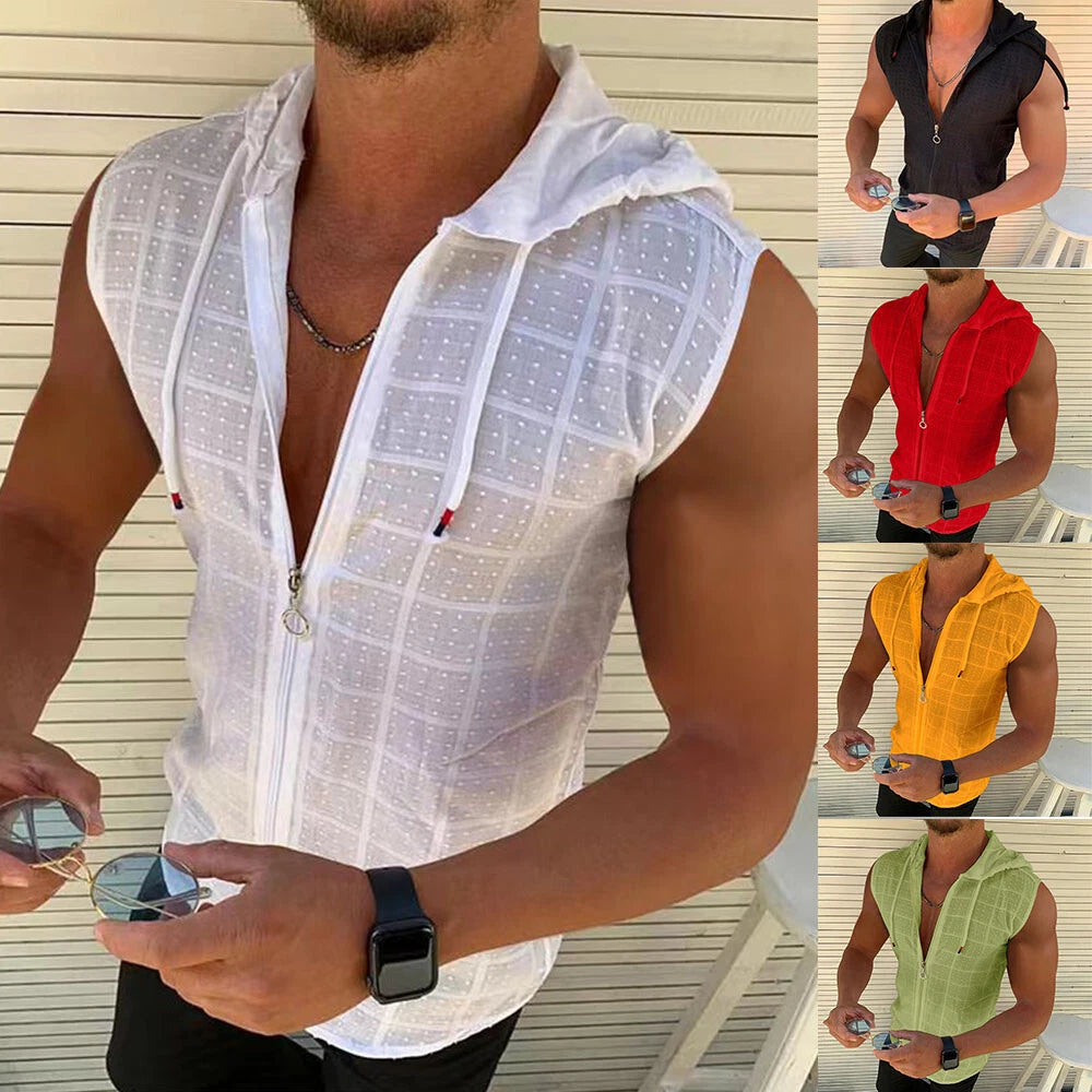 Men Sleeveless Workout Hoodie Solid Zipper Vest Gym Bodybuilding Hooded Tank ☽
