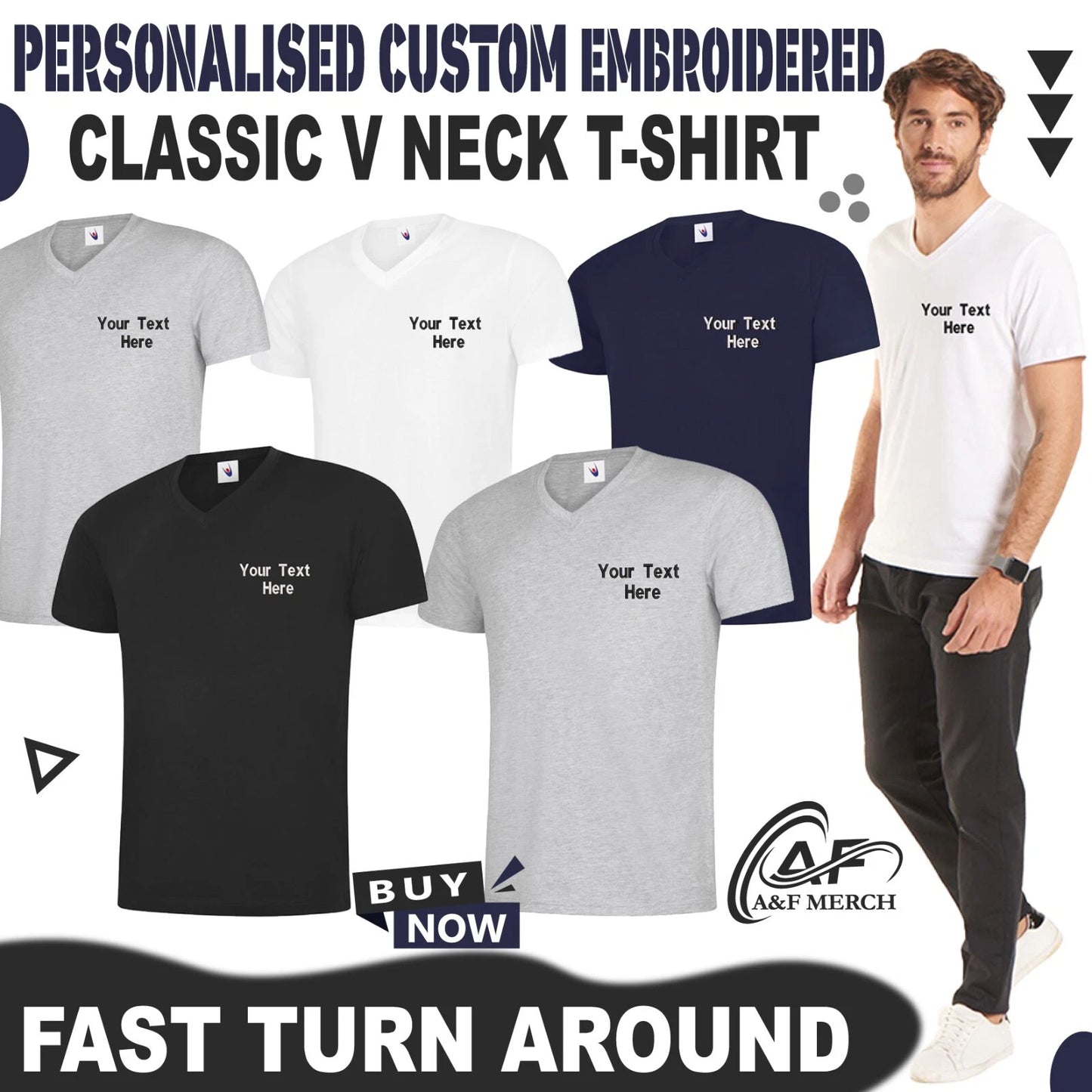 Personalised Custom Embroidered Unisex Classic V Neck T-shirt Short Sleeve