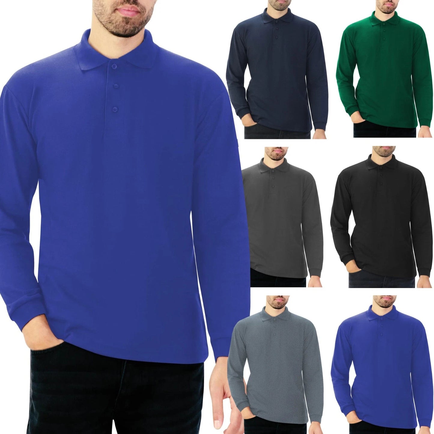Mens Long Sleeve Polo Polycotton Plain Rib Collar Polos Shirt Casual Regular Top
