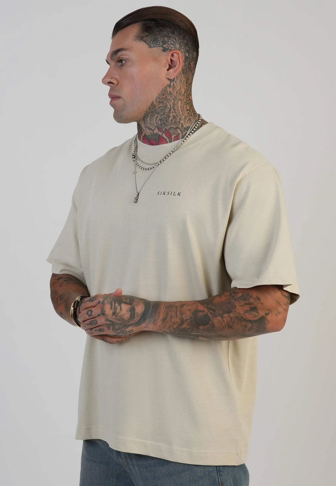SikSilk Men's Short Sleeved Oversized Fit Graphic T-Shirt Tee Ecru