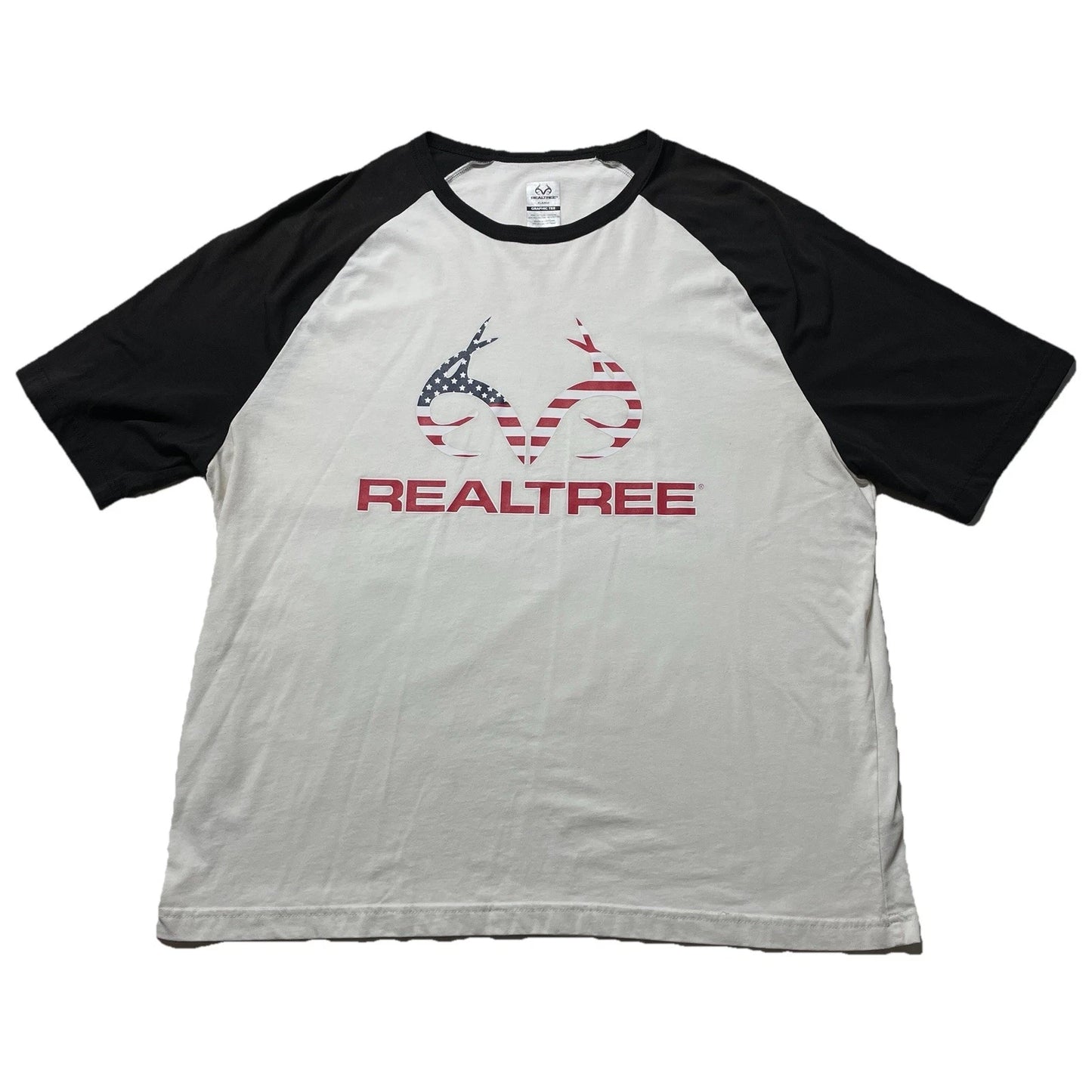 Realtree T-Shirt Men’s XL White Logo American Flag Hunting Outdoors Fishing Dad