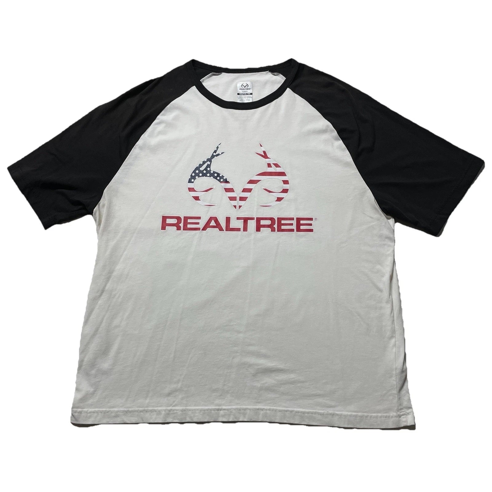 Realtree T-Shirt Men’s XL White Logo American Flag Hunting Outdoors Fishing Dad