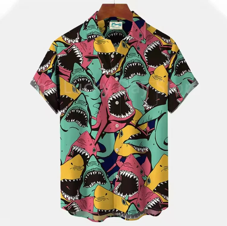 Mens Button Down Shirts Shark Lover Printed Hawaiian Tops Novelty Ugly Gift