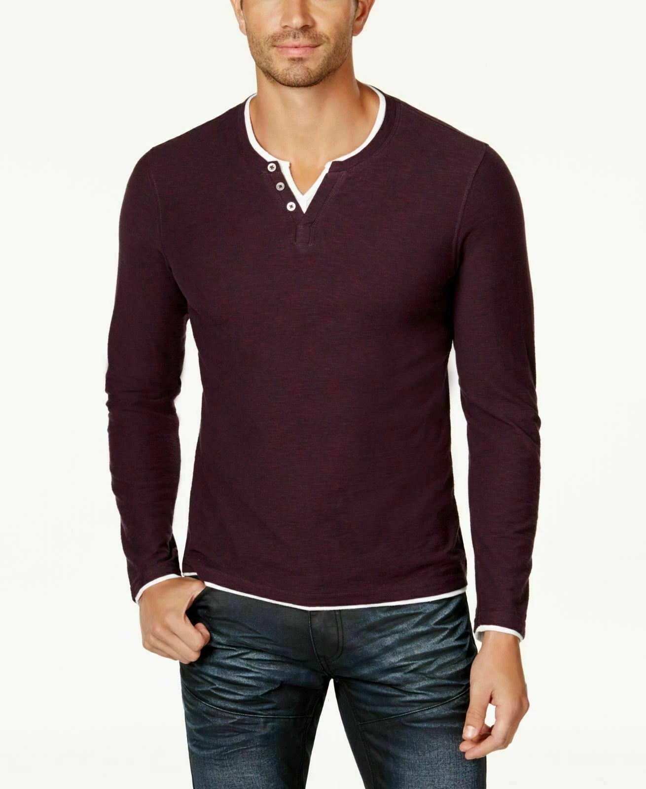 INC International Concepts Men'S Red Long-Sleeve Henley T-Shirt Wine 3XLarge