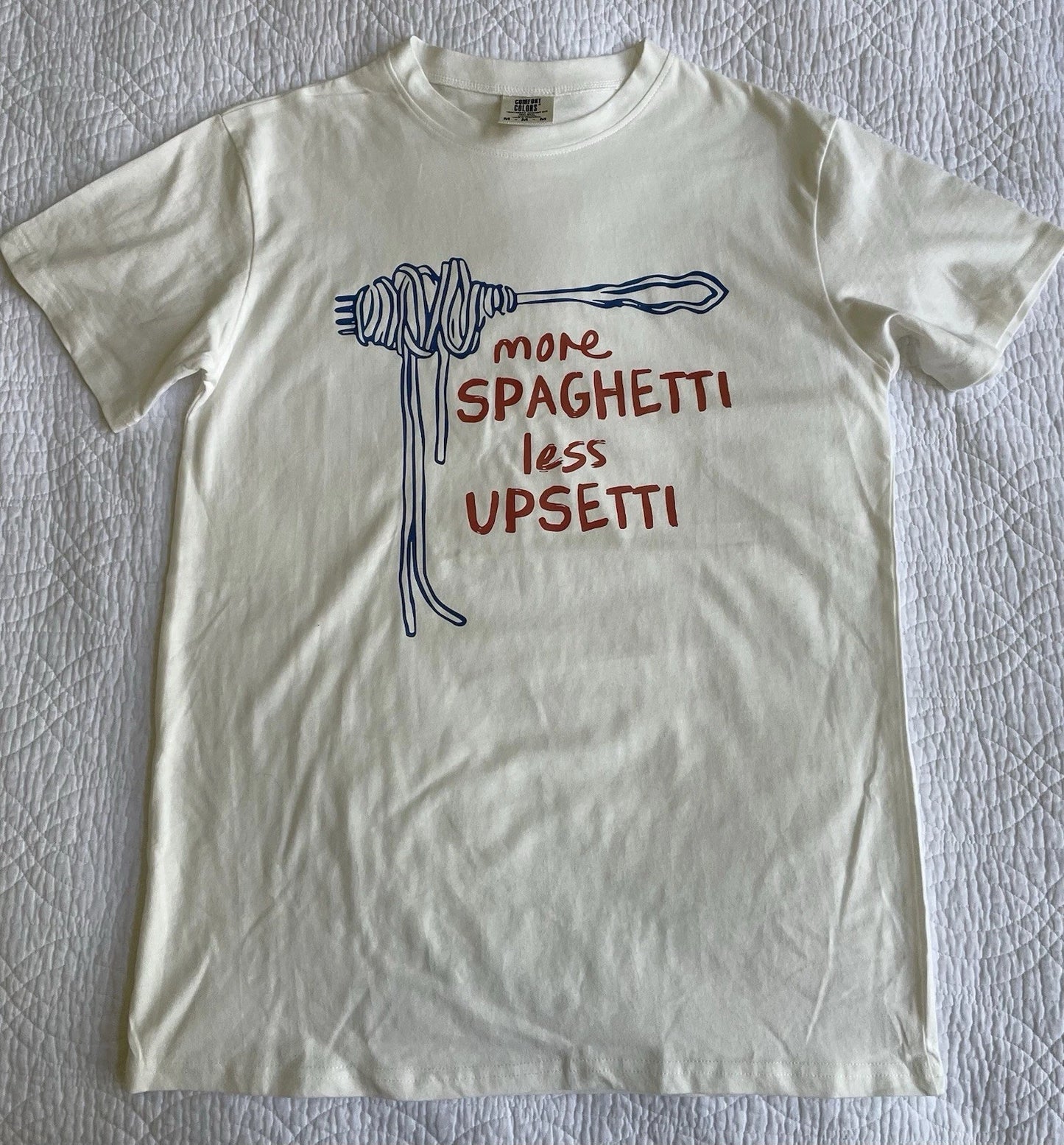Comfort Colors Sz M Spaghetti Less Upsetti Shirt Pasty Party Runner Swimmer