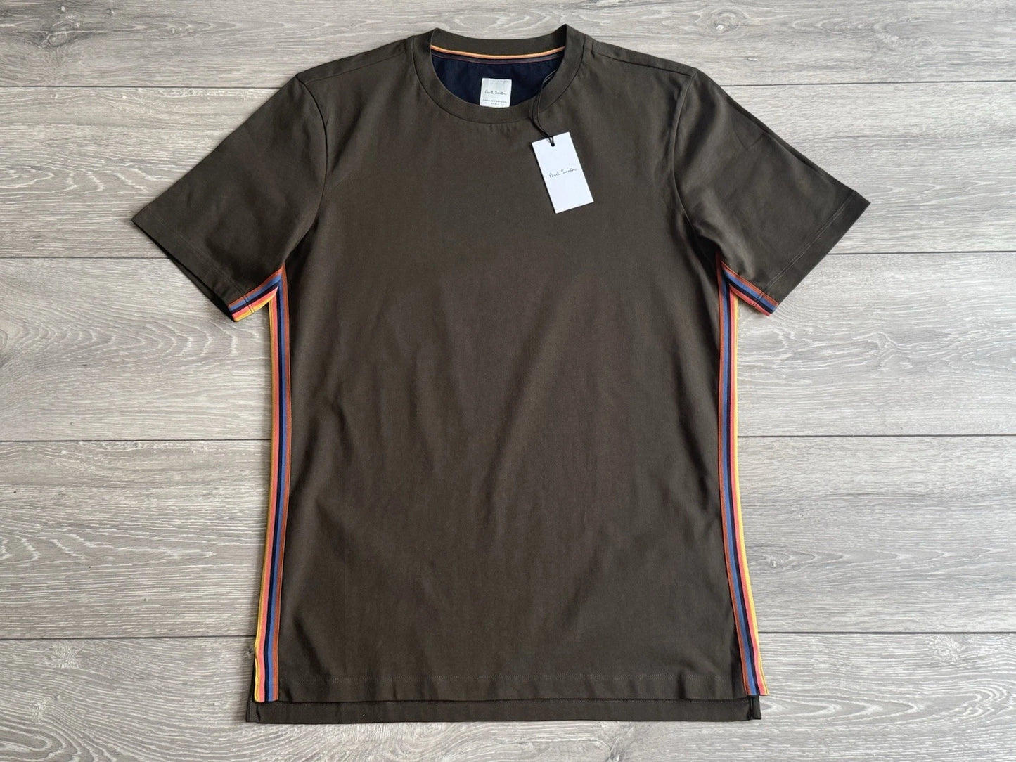 Paul Smith Artist Stripe T-shirt Dark Khaki Green Top Mens Tshirt SMALL 'S'