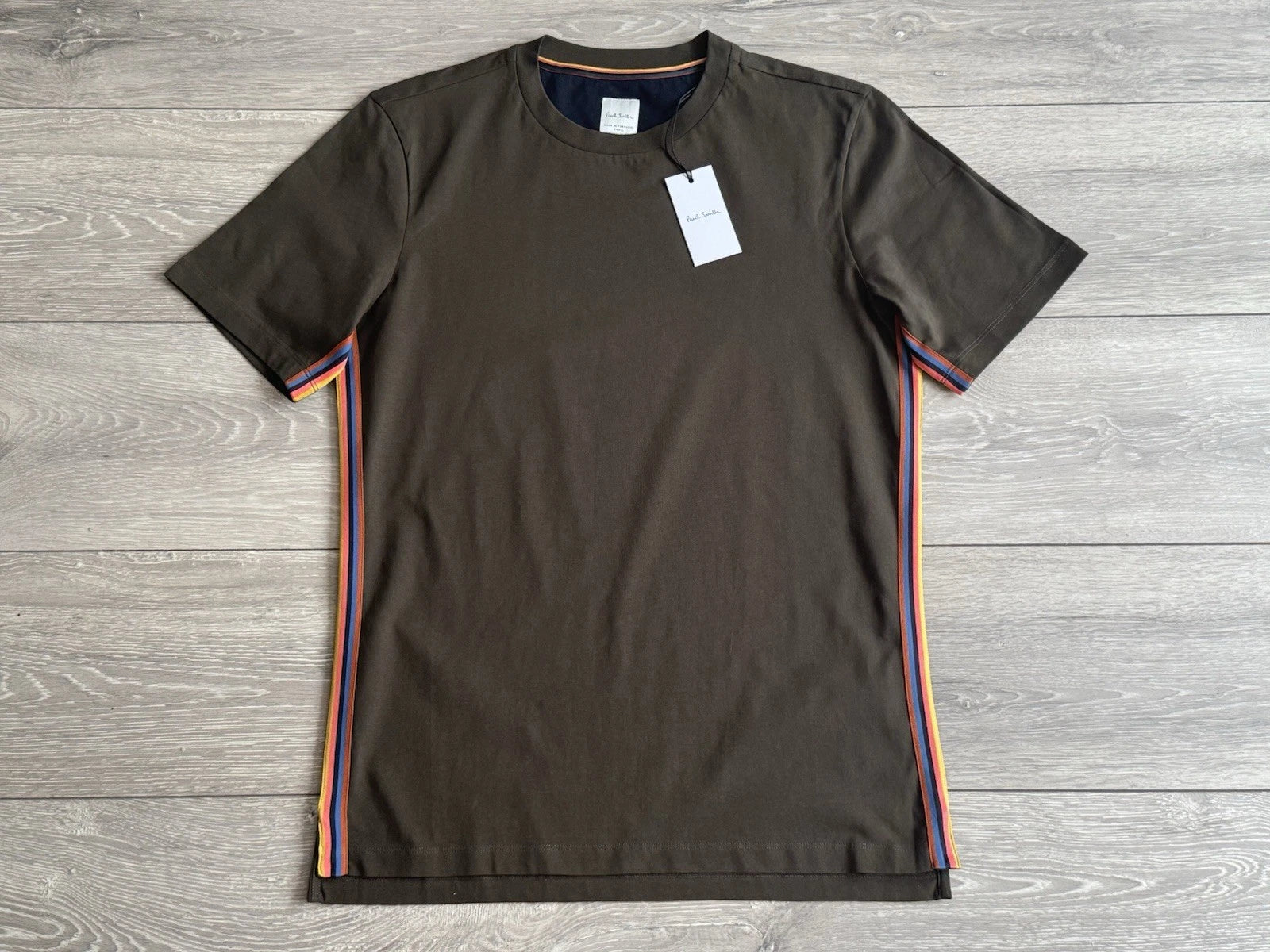 Paul Smith Artist Stripe T-shirt Dark Khaki Green Top Mens Tshirt SMALL 'S'