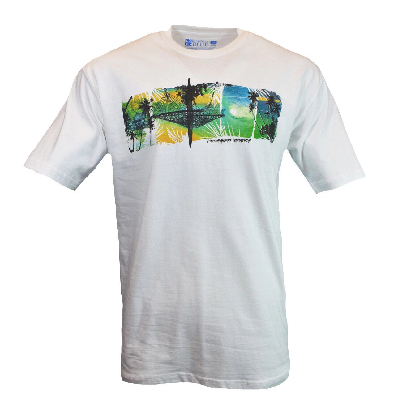 Mens T Shirt-Newport Blue- Size Medium-Palm Trees-Happy Hour-permeant vacation