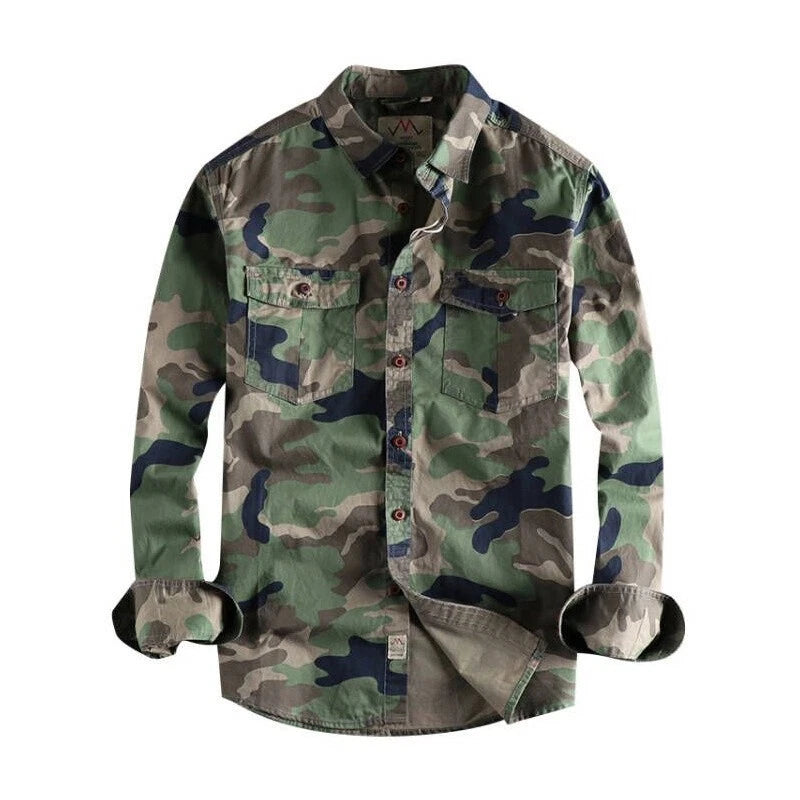 Men's Long Sleeve Cargo Camo Shirt Durable Outdoor Button Casual Sport Shirts