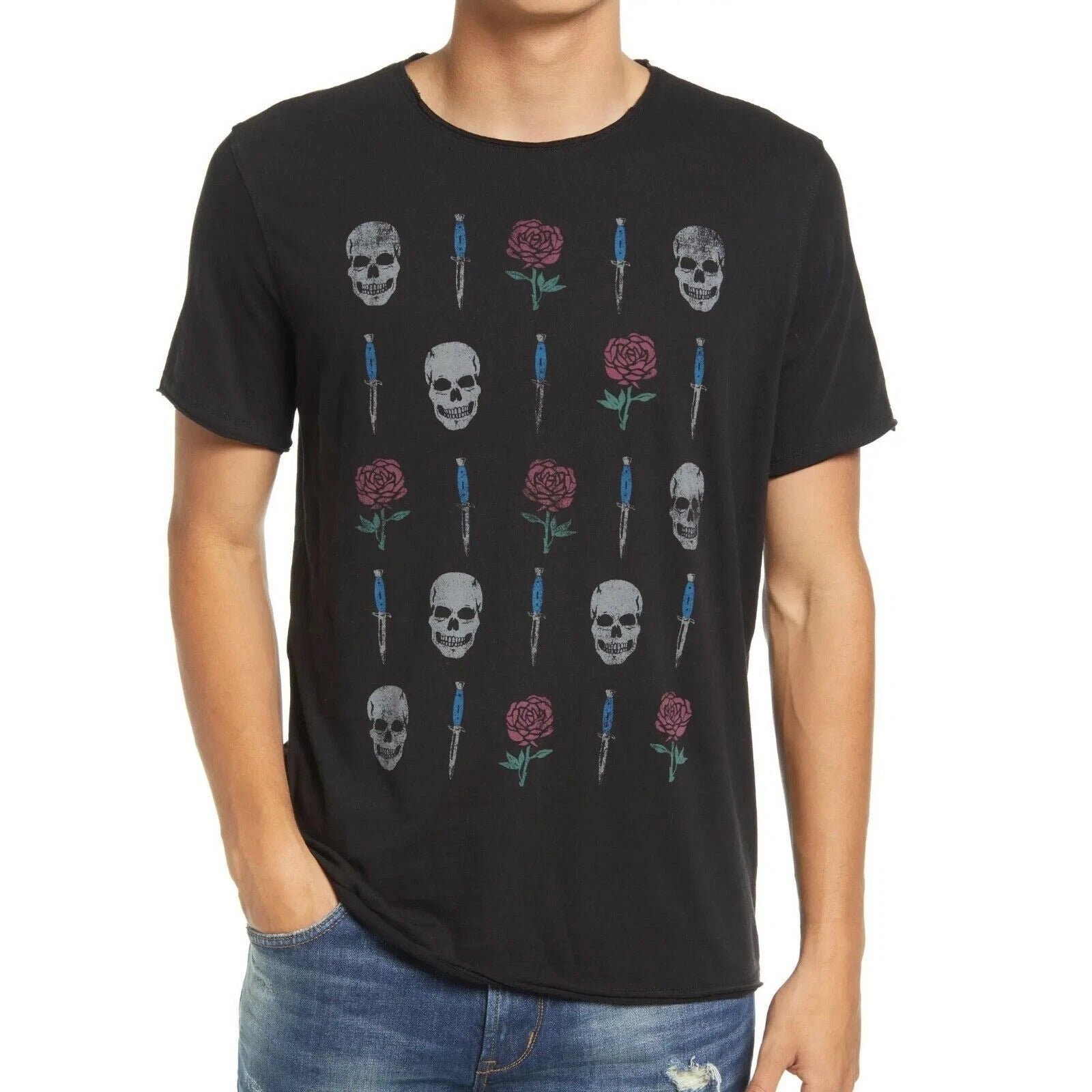 John Varvatos Star USA Men's Black Skull Dagger Rose Graphic Crew-Neck T-Shirt
