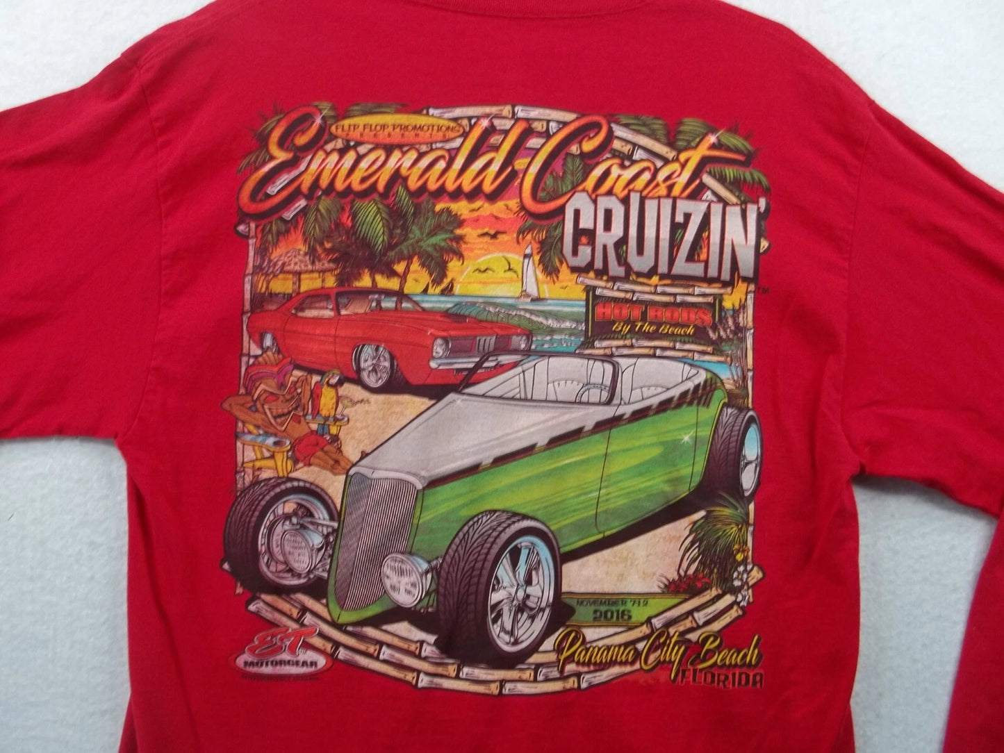 Emerald Coast Cruizin Hot Rods PCB Men's Red Graphic L/S T Shirt Tee Size Large