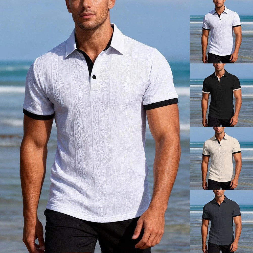 Men's Slim Fit Jacquard T-Shirt Short Sleeve Button Down Casual Streetwear