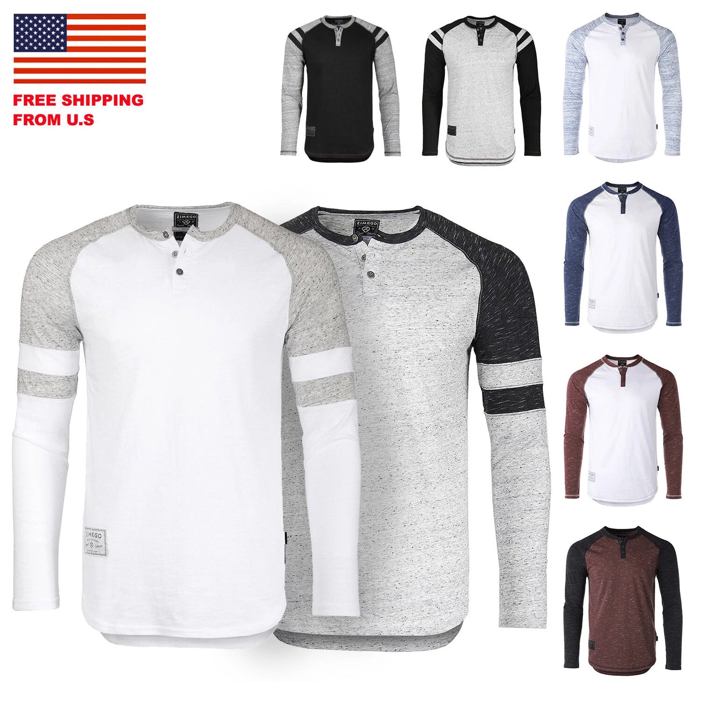 ZIMEGO Men's Long Sleeve Athletic Stripes Arm Contrast Raglan Henley