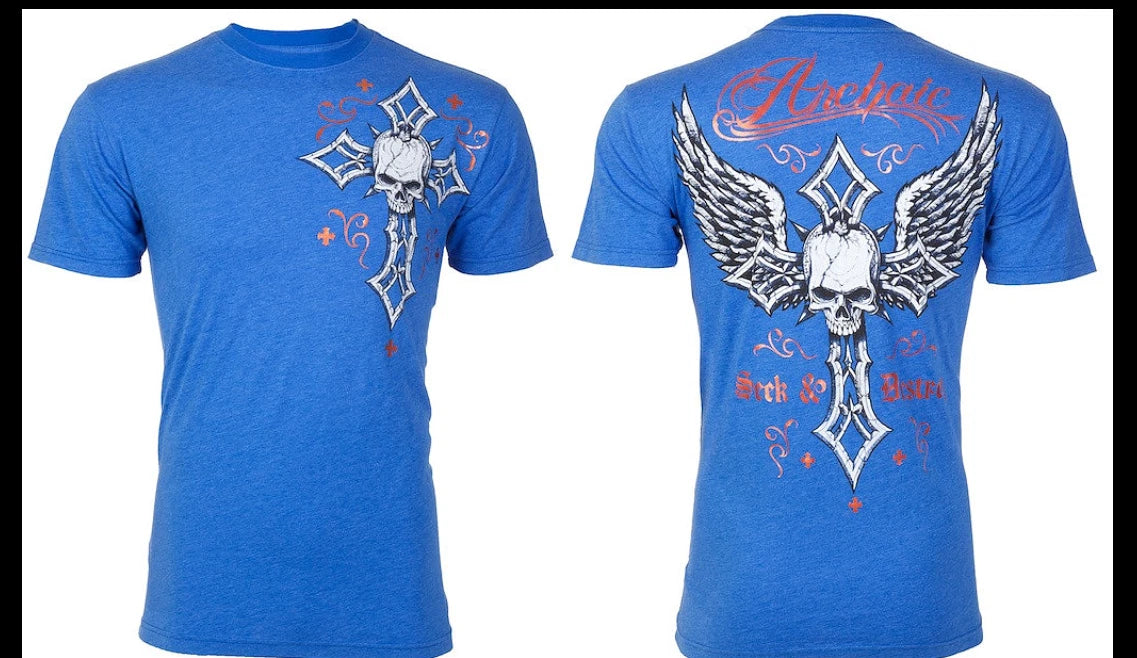 ARCHAIC by AFFLICTION Blue FARGO Skull Cross Short Sleeve Slim Fit T-shirt NWT