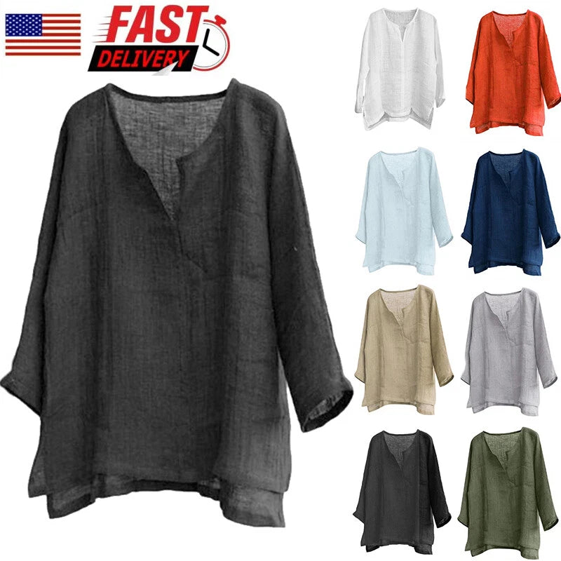 Mens Linen Cotton Blouse Pullover V NeckT-shirt Casual Tops Loose Shirts US  ๑