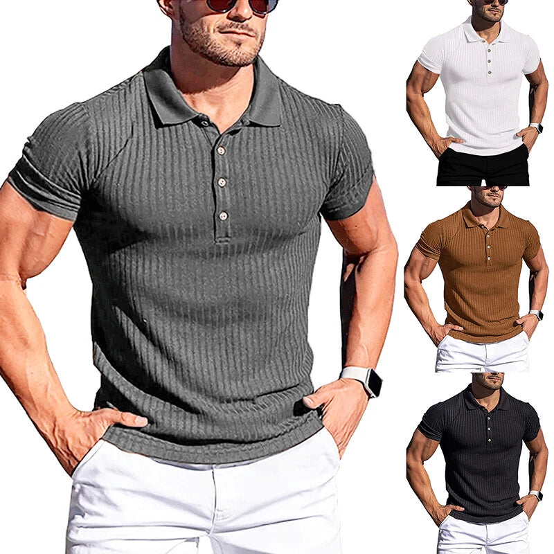 Men Summer Ribbed Muscle Stretch Slim Fit Short Sleeve T Shirt Collar Casual Top