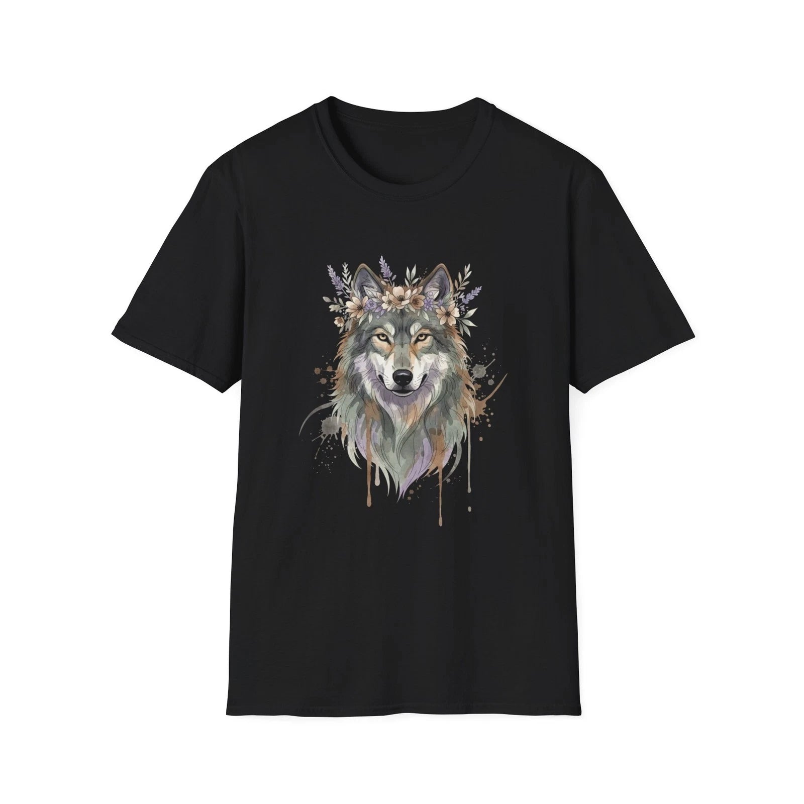 Wolf Floral Crown Watercolor Black Tee Nature Aesthetic Graphic T-Shirt