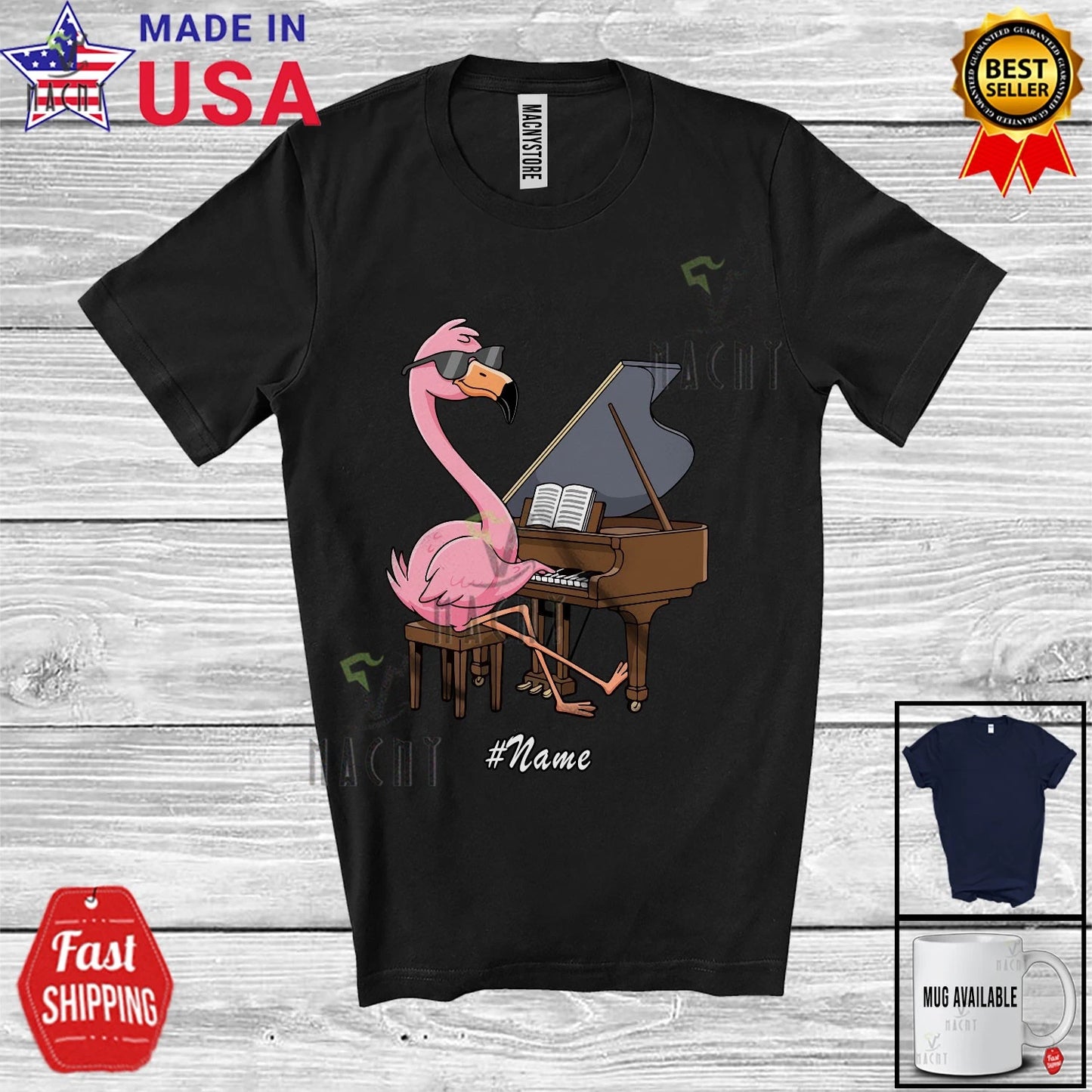 Custom Name Flamingo Playing Piano; Humorous Musician Musical Instruments Shirt