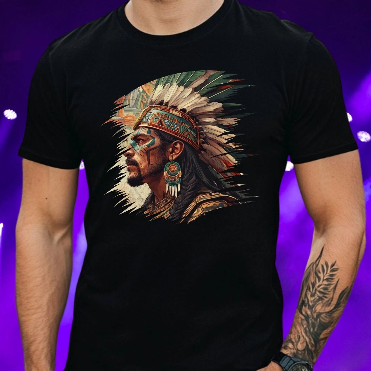Mens Aztec Warrior Motif Cotton T-Shirt Size S to 5XL