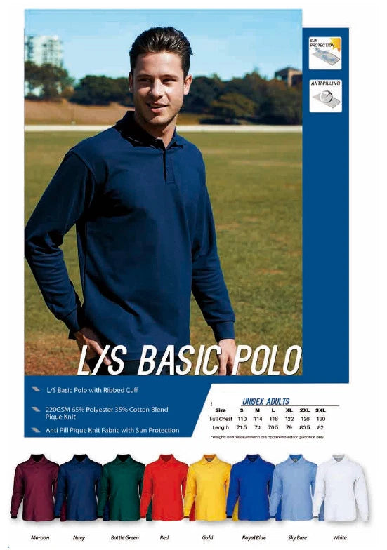 Unisex Adults Men's Ladies Long Sleeve Poly Cotton Basic Polo with Ribbed Cuff