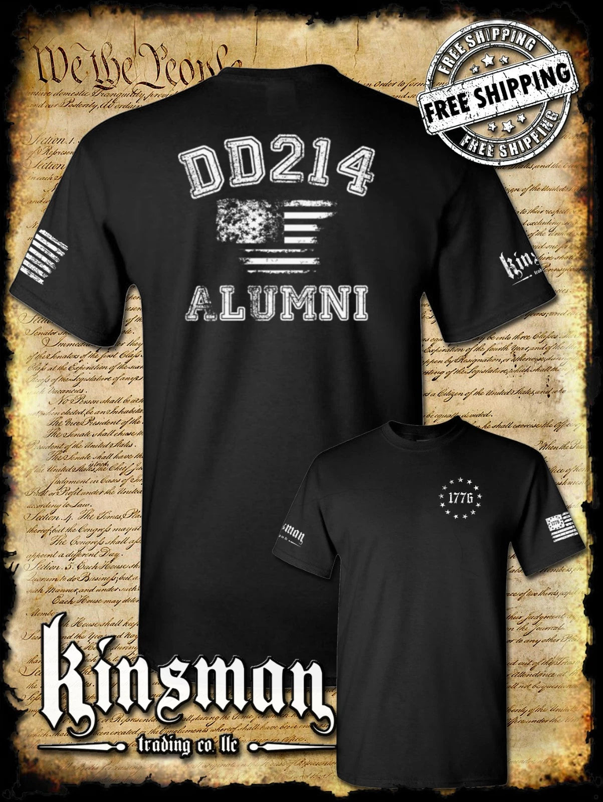 DD214 Alumni Flag US Military 2-Sided T-Shirt Army Marines Navy Veteran USA
