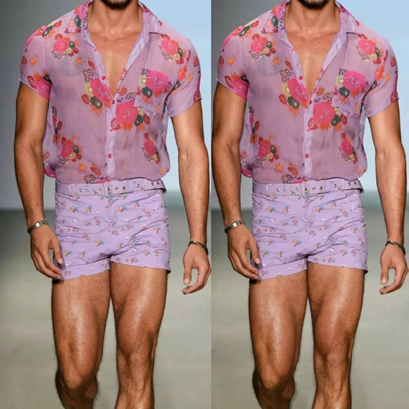 Men Printed Floral See Through Sexy Shirt Tops Summer Short Sleeve T-Shirt