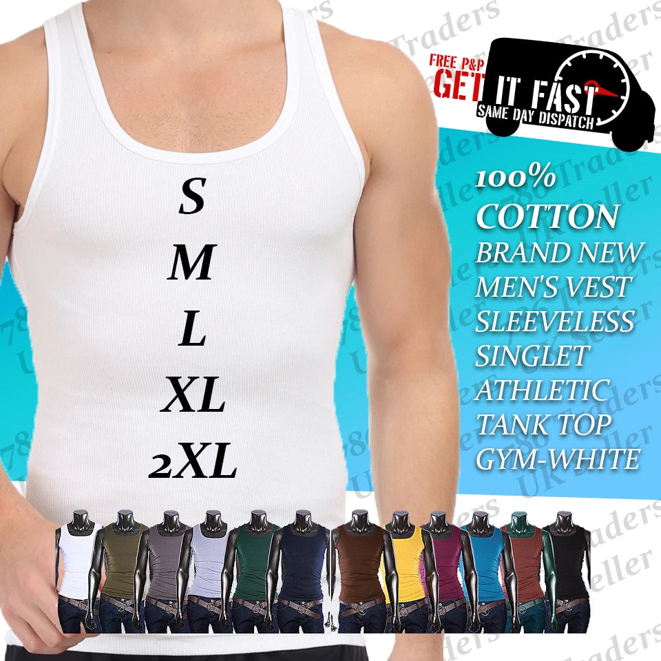 MENS VESTS 100% Cotton TANK TOP SUMMER TRAINING GYM TOPS PACK PLAIN S-2XL