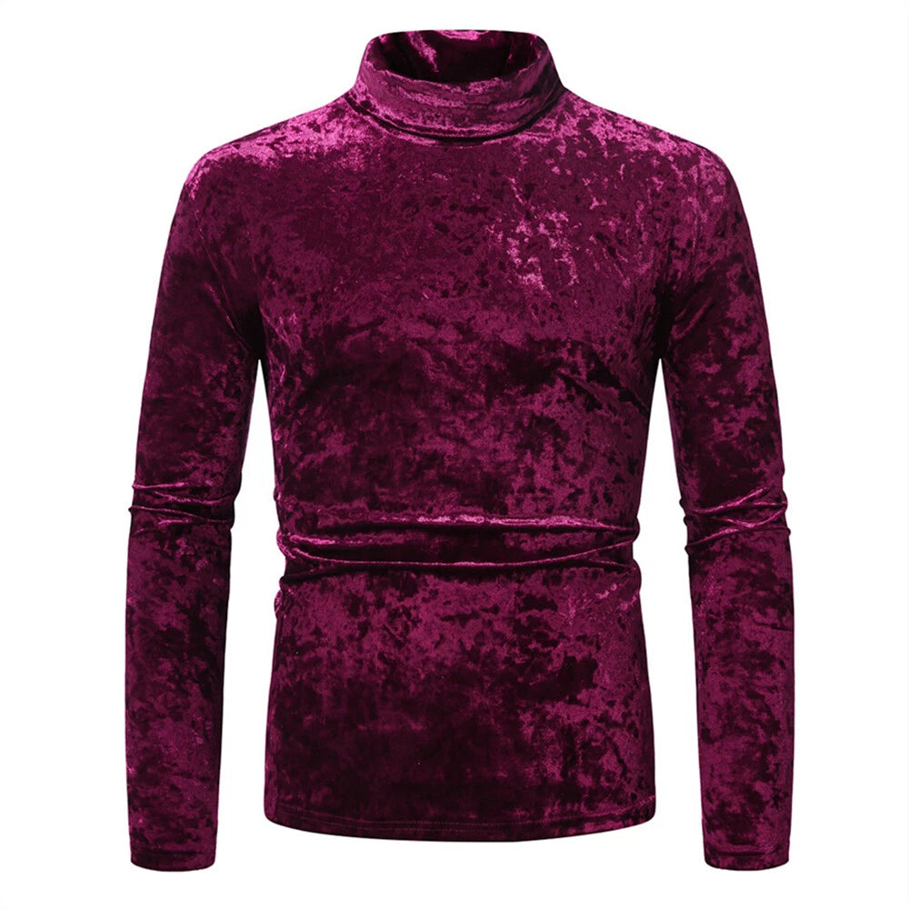 Mens Velvet Turtleneck Long Sleeve Solid Color T-Shirts Basic Slim Fit Tees