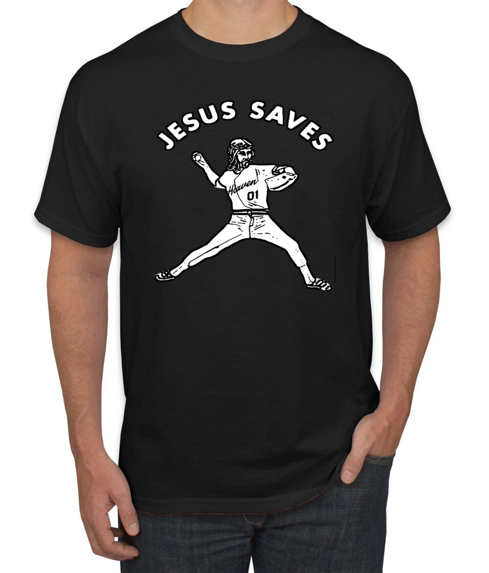 Jesus Saves Baseball Pitcher Reliever Inspirational Christian Men Graphic Shirt