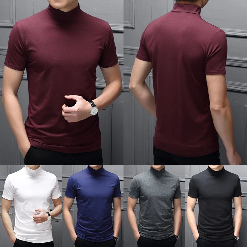 Men's Short Sleeve High Neck T-Shirt Casual Slim Fit Cotton Underwear Top