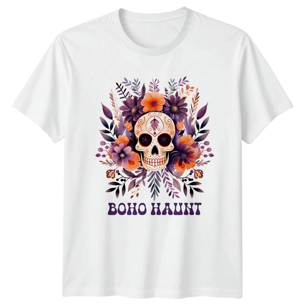 Boho Haunt Womens T-Shirt Boho Halloween Floral Skull Halloween Gift For Her