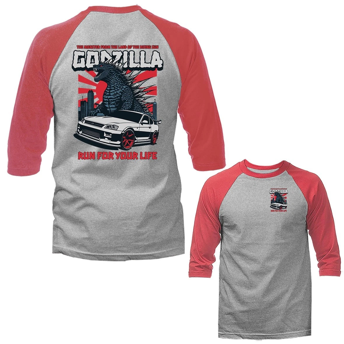 Godzilla Imported Tuned Custom JDM Sports Car 3/4 Sleeve Raglan