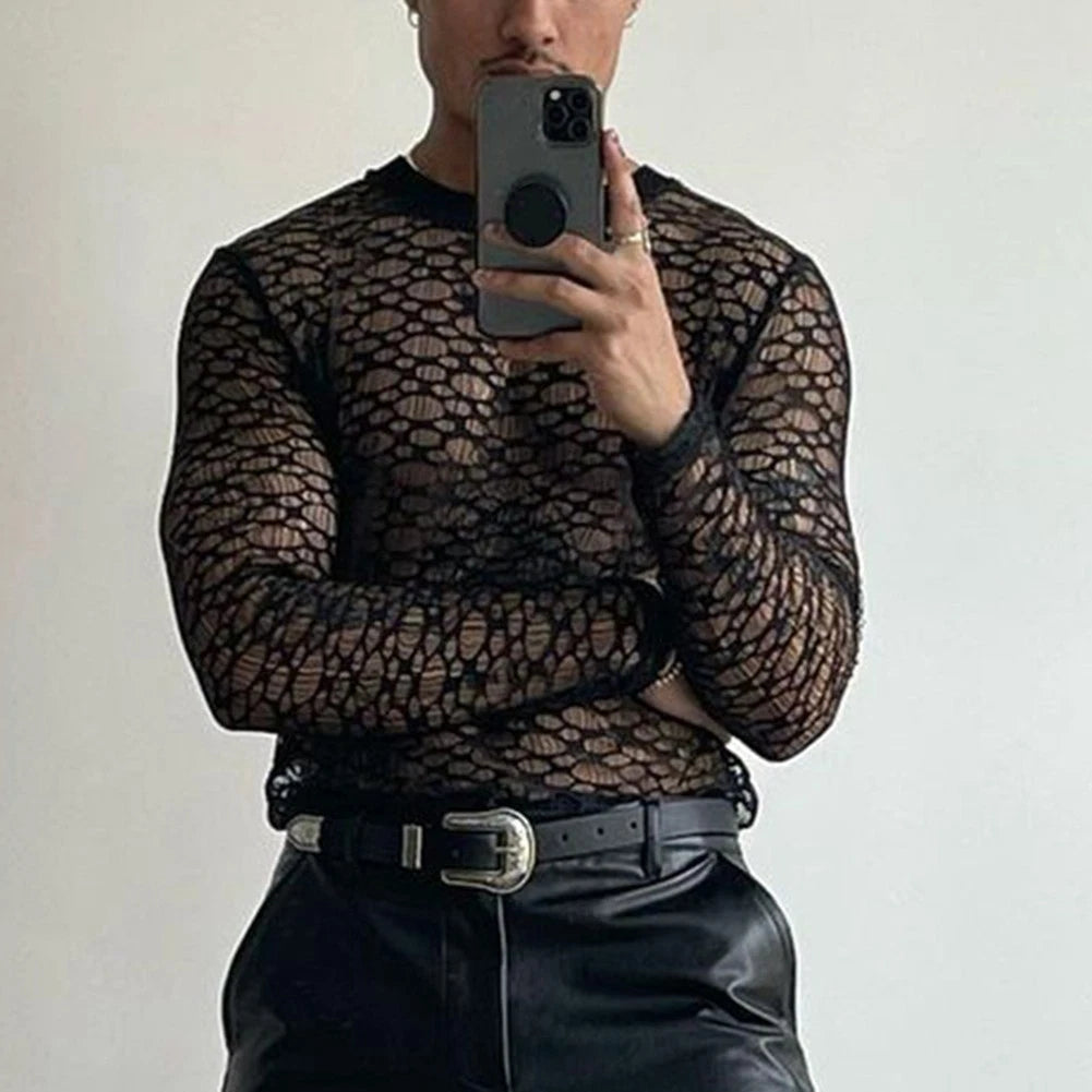 Men Mesh Tee Hollow Out Top High Street Style Mesh Fabric Hollow Out Loose Fit