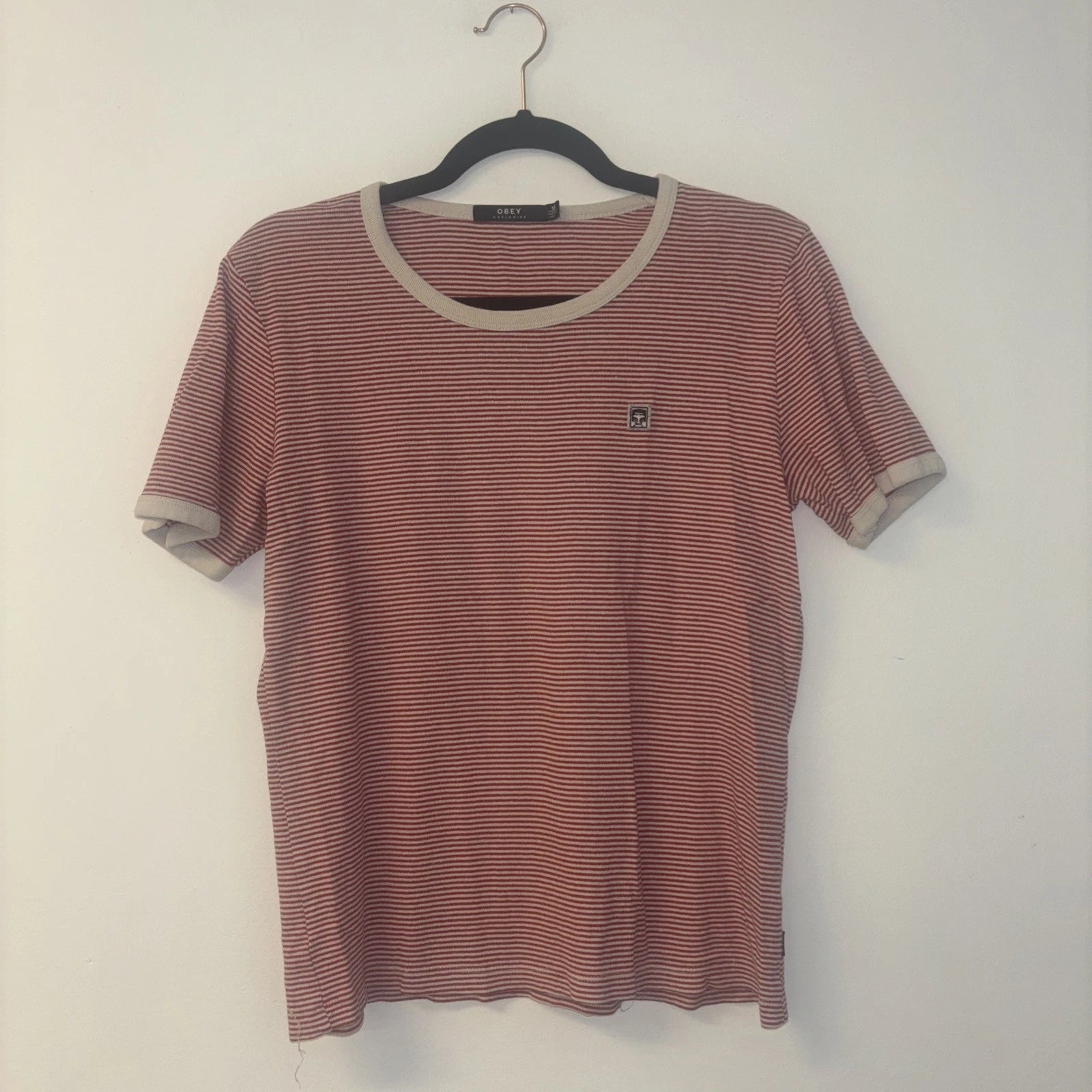 Vintage Obey TShirt Women’s Sz Medium White Red Stripes Y2K 2000s VTG Recycled