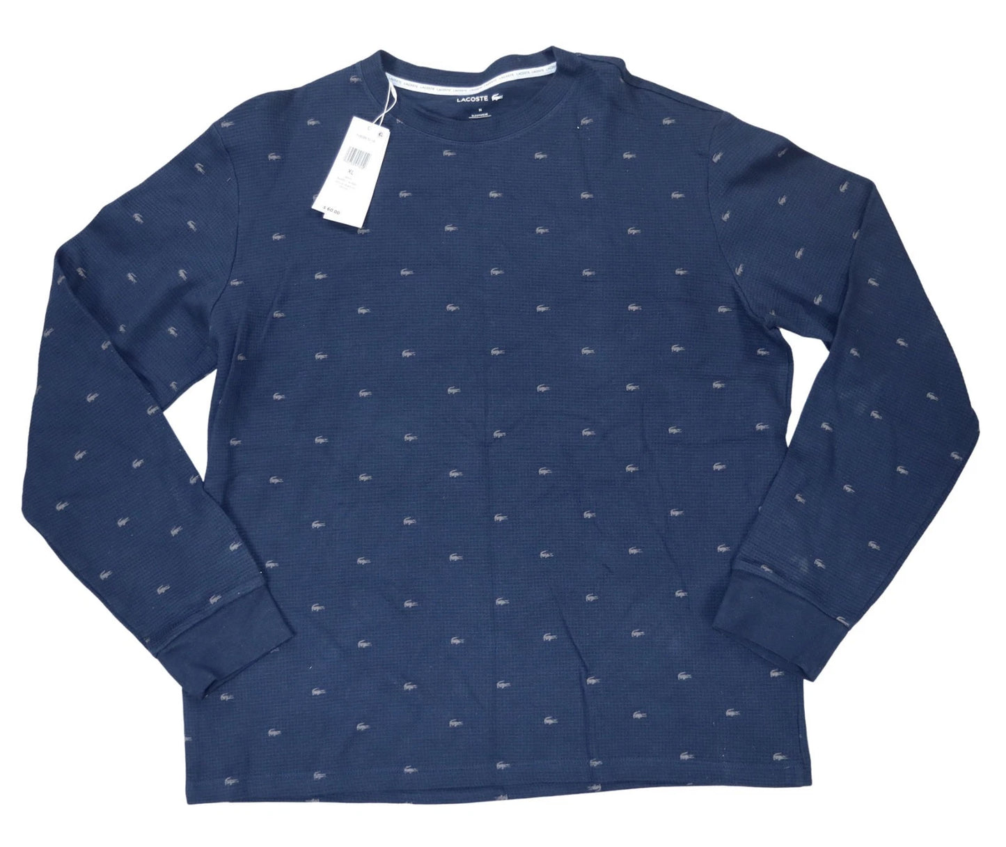 Lacoste Waffle Knit Long Sleeve All-Over Logo Print Mens Sleep Shirt XL NWT Blue
