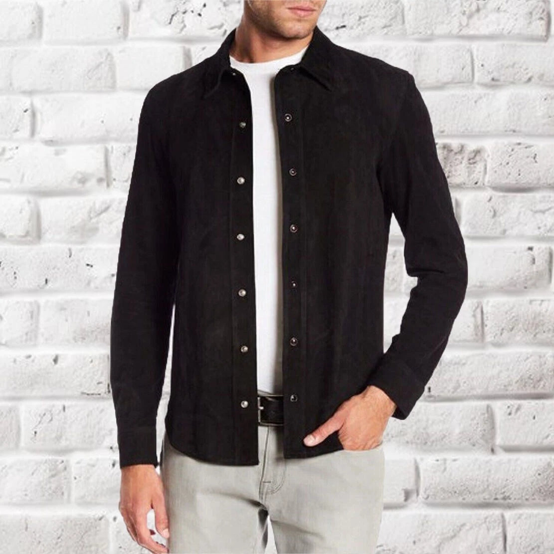New Men's Genuine Black Suede Leather Shirt Jacket Stylish Slim Fit Shirt