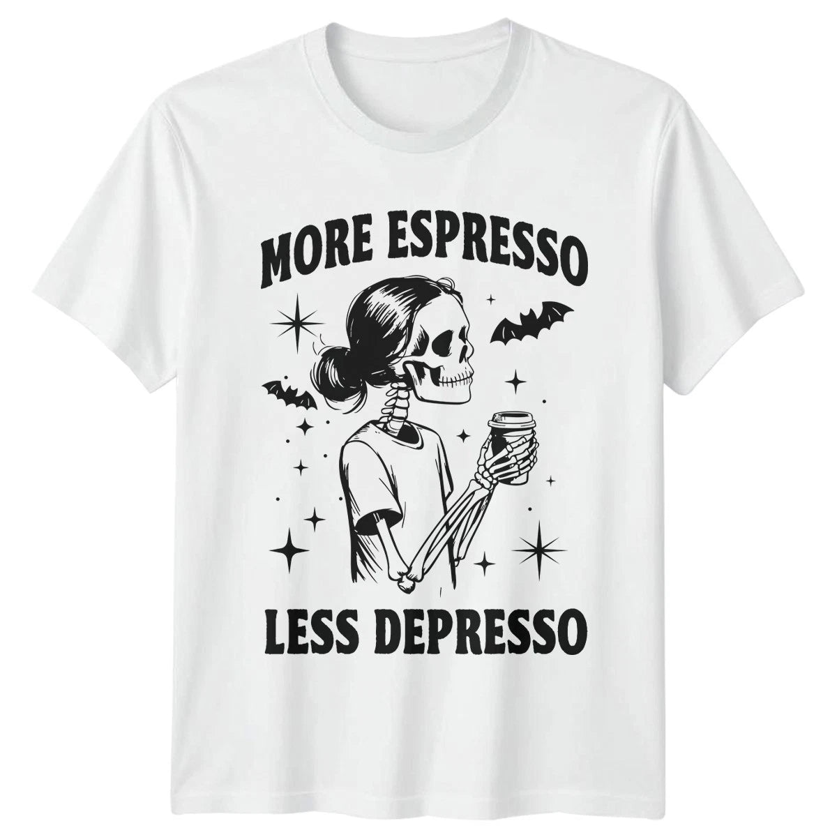 More Espresso Less Depresso Coffee Humor Gothic Mens T-Shirt Womens Tee Graphic